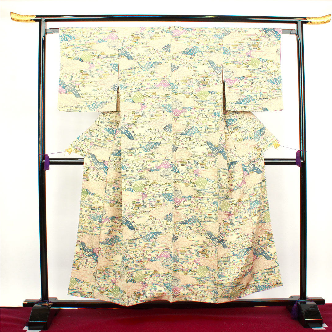 小紋 身丈154.5cm 裄丈61.5cm 袷  砥粉色 紅型 風景模様 正絹 Aランク クリーム系 1115003083215