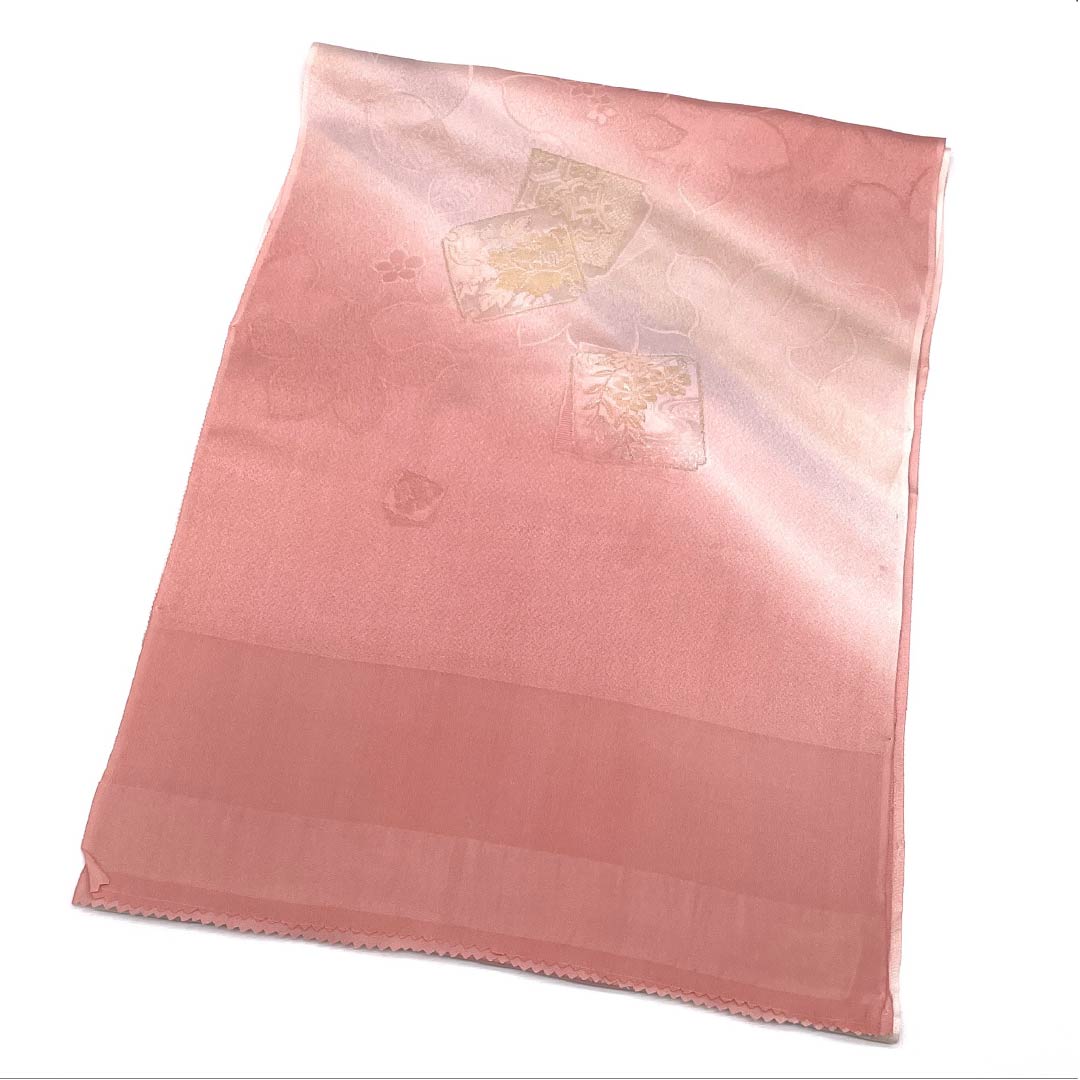 Obiage, pure silk, S rank, semi-formal, Hitoeumeiro (plum blossom color), shikishi-tori, flowers, length approx. 182cm, width approx. 32cm, pink color, 1136002942913