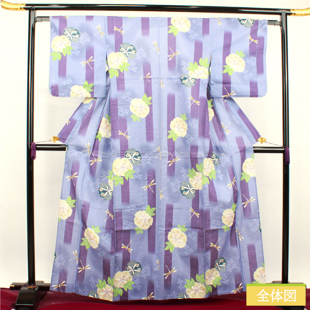 浴衣 木綿 身丈162.5cm 裄丈63.5cm Sランク 単衣 紫系 紅碧色（べにみどりいろ） とんぼ 朝顔 1118004762420