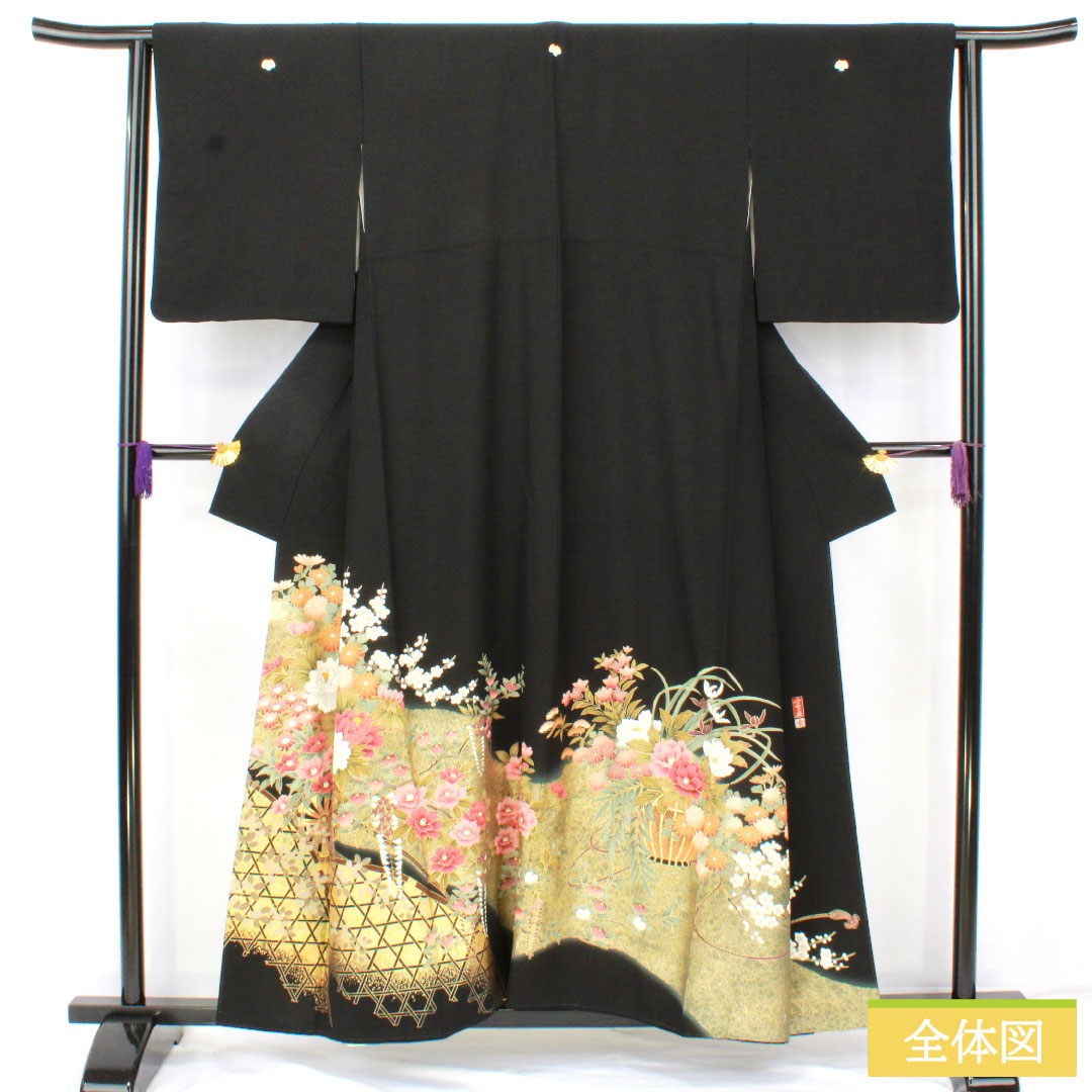 Black formal kimono, pure silk, length 155cm, sleeve length 63.5cm, lined, artist work, Kyoto Yuzen, flower cart, five crests, ivy, B rank, black, 1111001454310
