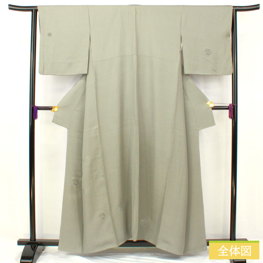 訪問着 正絹 袷 身丈156cm 裄丈62.5cm 灰色（はいいろ） 汕頭刺繡 一つ紋 片喰 雪輪 椿 Sランク グレー系 1112005022322
