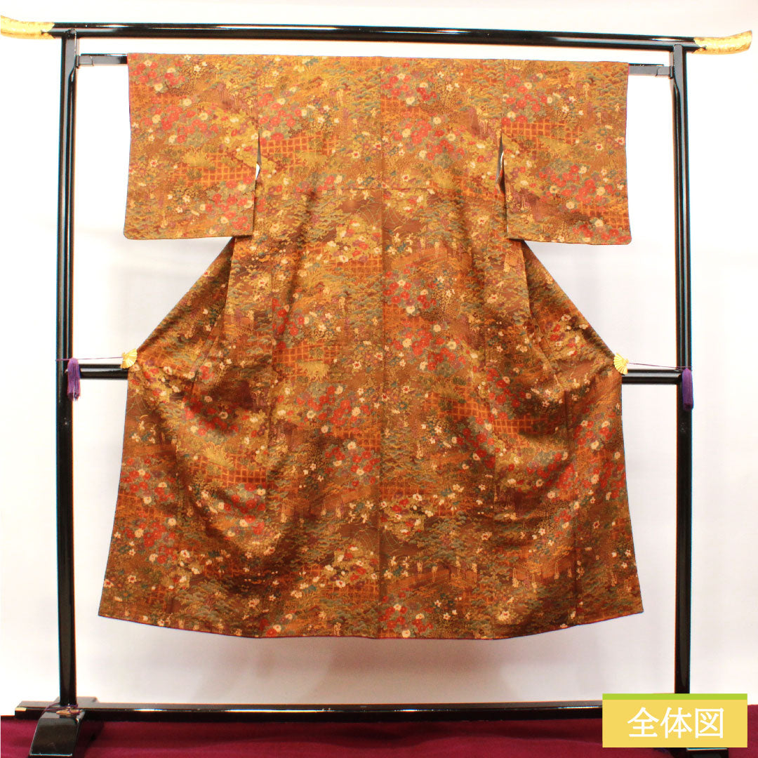 Komon, pure silk, length 140cm, sleeve length 60.5cm, lined, dark brown, floral pattern, basting thread included, unused, S rank, brown, 1115003732114