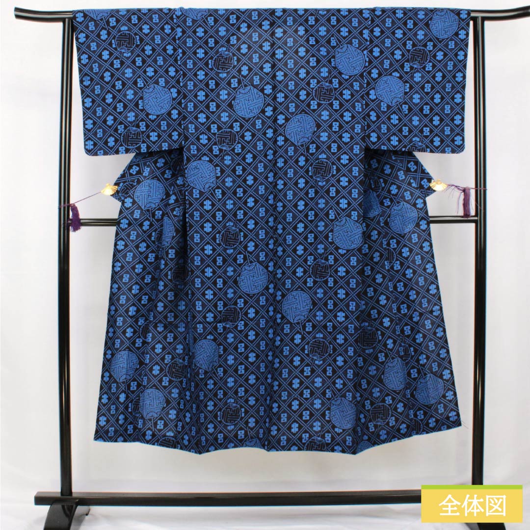 Men's cotton yukata, length 140.5cm, sleeve length 63cm, dark navy blue, fan, S rank, single layer, navy blue, 1138000012418