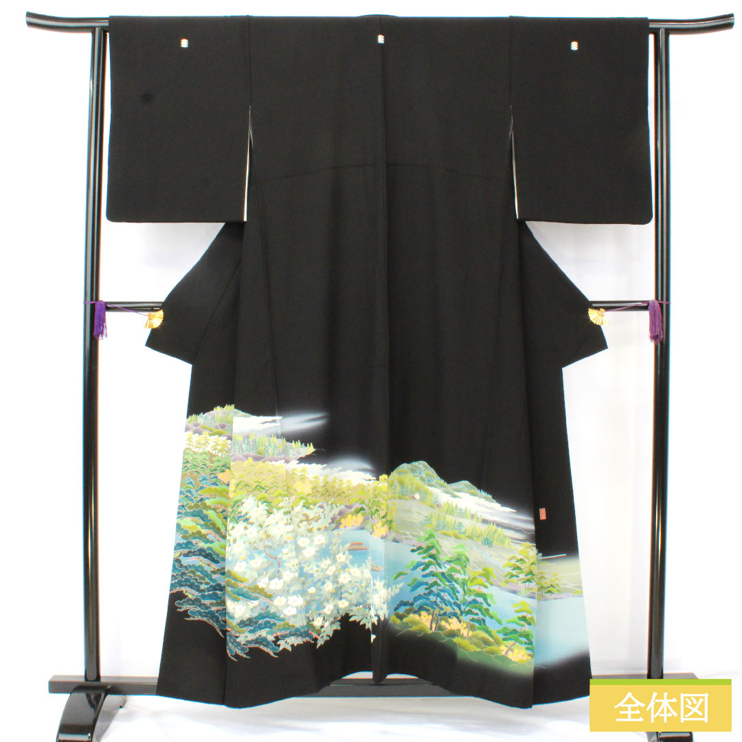 Black formal kimono, pure silk, length 154.5cm, sleeve length 62.5cm, lined, Kyo Kaga Yuzen, landscape pattern, five crests, three-layered pine tree, A rank, black, 1111001713210
