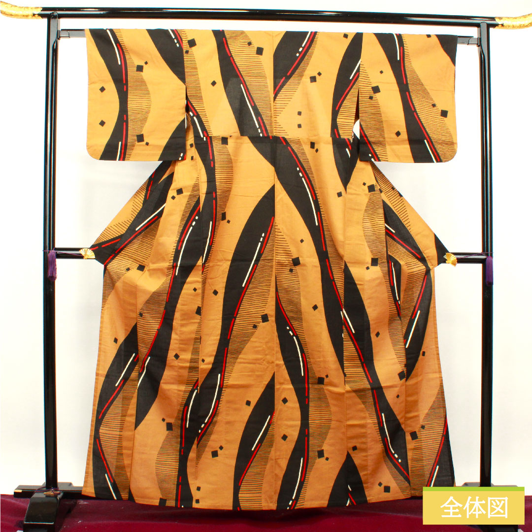 浴衣 木綿 身丈163.5cm 裄丈62.5cm Aランク 単衣 茶系 狐色（きつねいろ） 幾何学模様 1118004843414