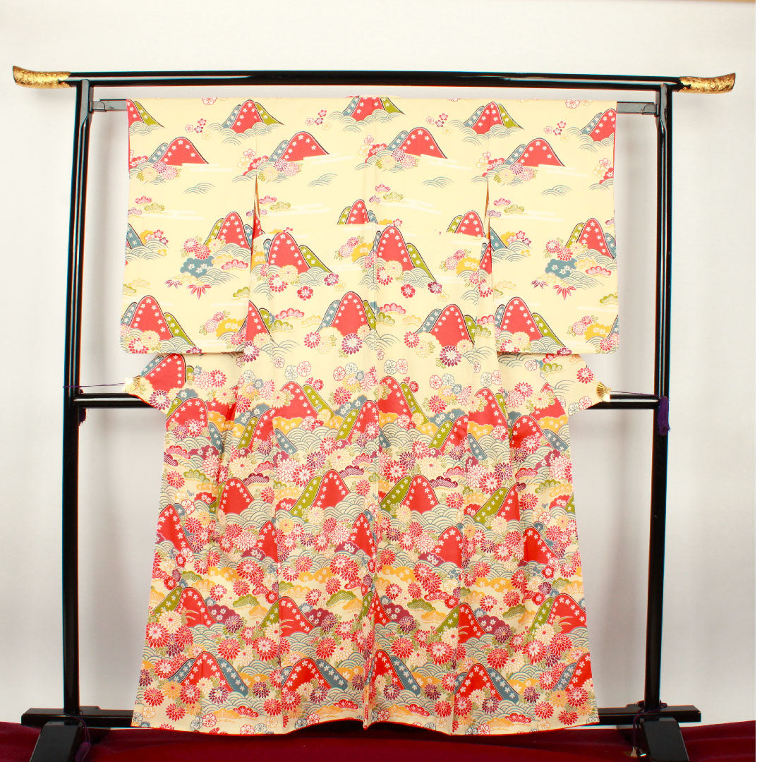 訪問着 袷 身丈157.5cm 裄丈61.5cm 練色 京紅型 菊 青海波 正絹 Aランク クリーム系 1112001673315