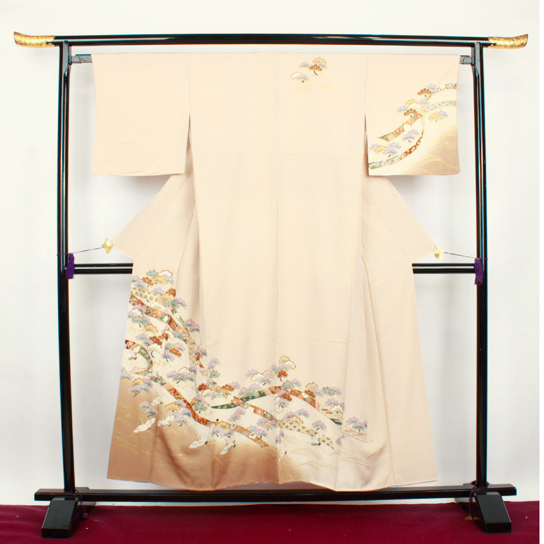 訪問着 袷 身丈152.5cm 裄丈64cm 惚色 京友禅 松 鶴 正絹 Sランク ピンク系 1112001902213