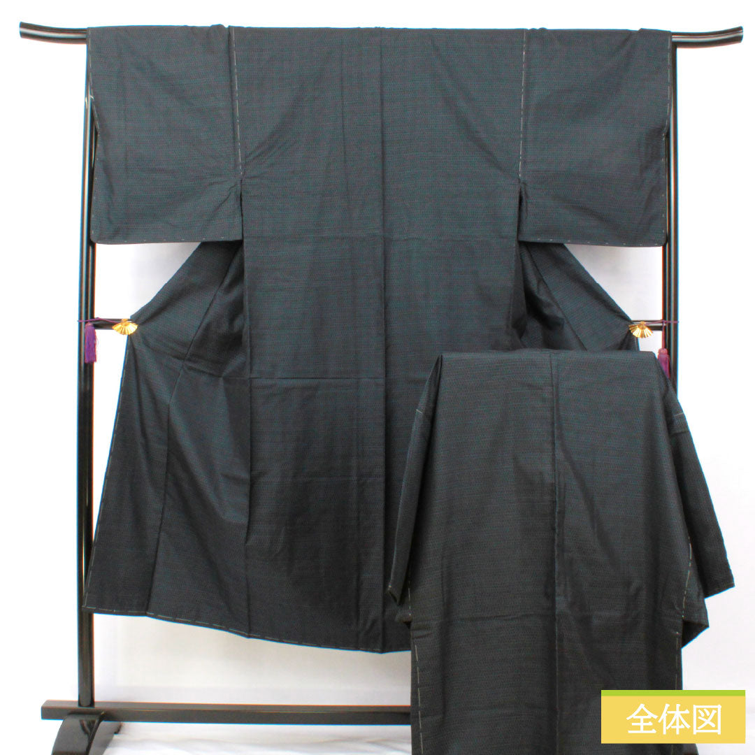 Men's silk S-rank kimono, length 144cm, sleeve length 67cm, Oshima Tsumugi with double-patterned horizontal kasuri pattern, basting threads included, lined, navy blue, product number 1119001762418