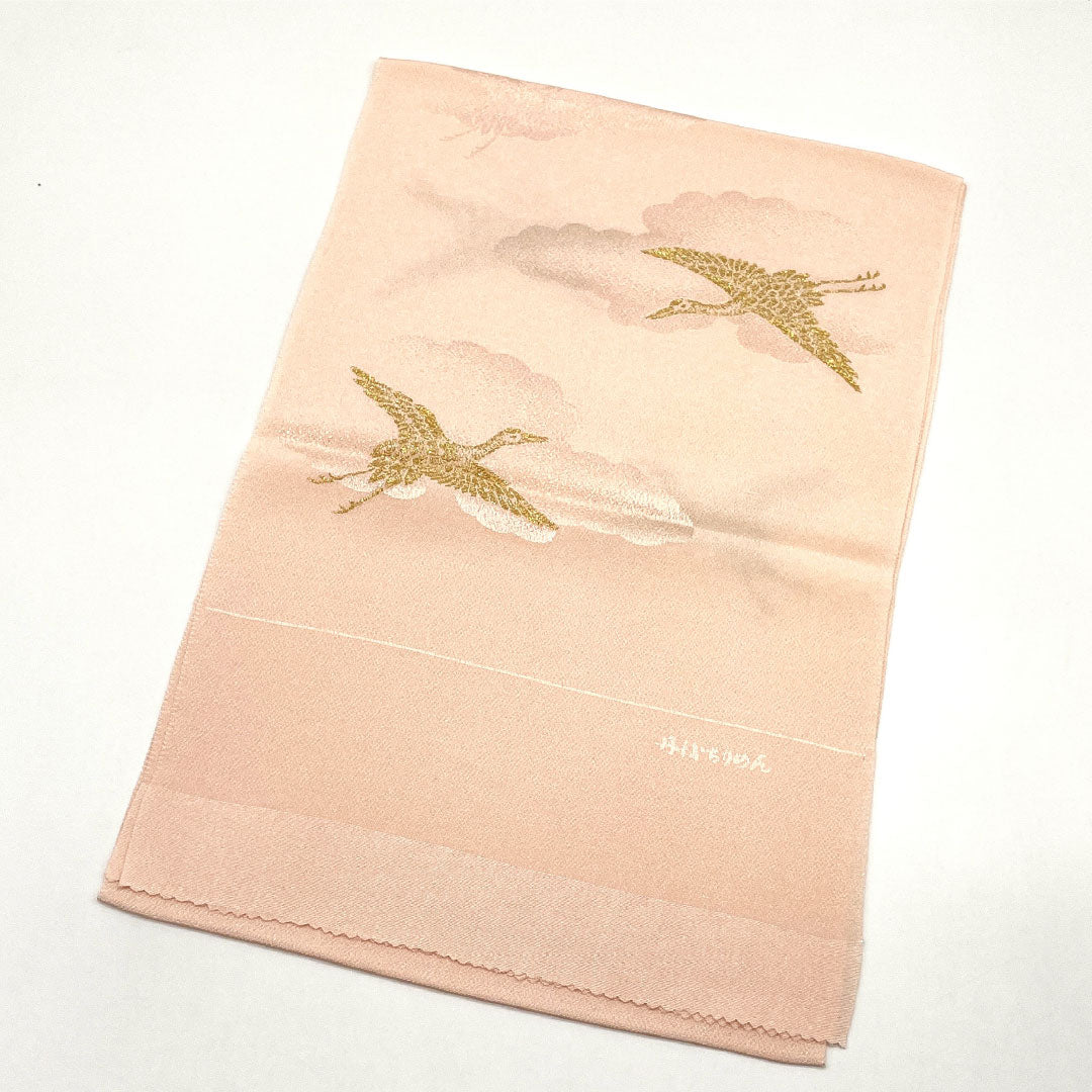 (Like New) Semi-Formal Silk Obiage (Otomeiro) with Cloud and Crane Designs, Tango Chirimen, Length: Approx. 172cm, Width: Approx. 29cm, Pink, Product Number: 1136001191913