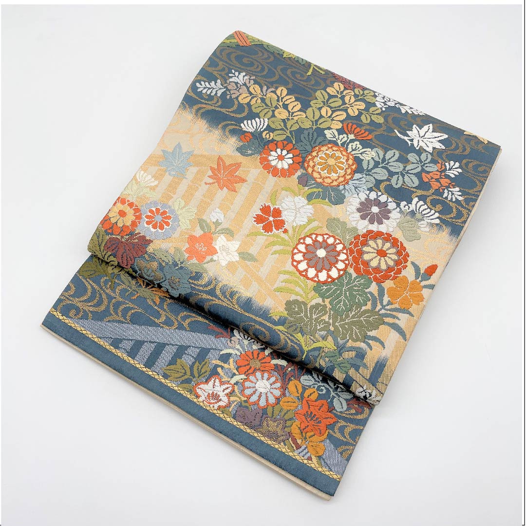 袋帯 薄縹色（うすはなだいろ） 象牙色（ぞうげいろ） 唐織 花柴竹垣紋 帯丈432cm 正絹 Aランク 六通 セミフォーマル グラデーション系 1123005353399