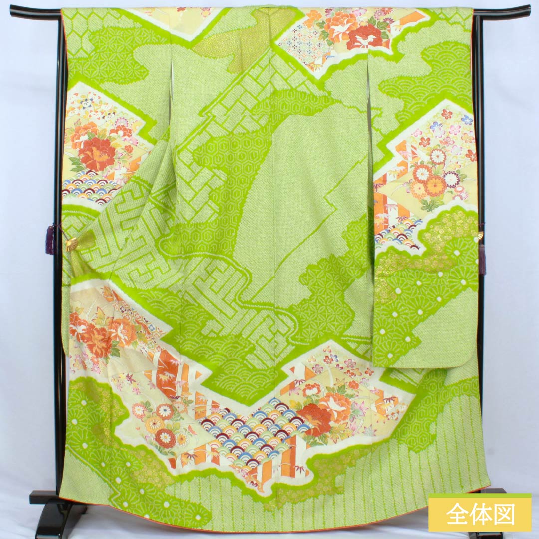 振袖 正絹 Aランク 身丈167.5cm 裄丈64.5cm 袷 萌黄色（もえぎいろ） 京友禅 絞り 古典柄 緑系 1113002813519