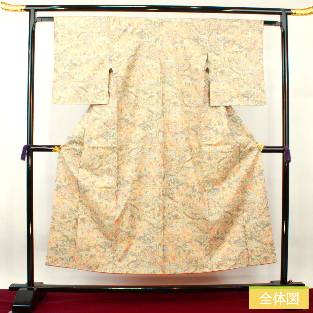 Tsumugi silk, length 150.5cm, sleeve length 62cm, silk grey, landscape pattern, basting thread included, unused, S rank, lined, grey, 1116003402122