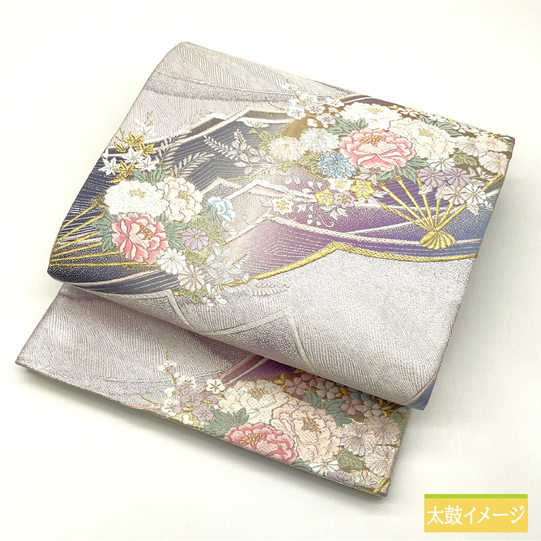 袋帯 正絹 Aランク 花柄 西陣織 帯丈432cm 六通 フォーマル 銀系 1123016643322