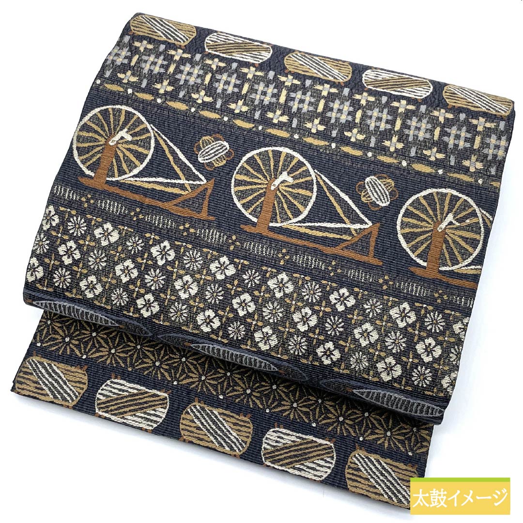 袋帯 正絹 紺滅色（こんけしいろ） 機織り 糸巻き 花模様 帯丈440cm Sランク 六通 カジュアル グレー系 1123013022322