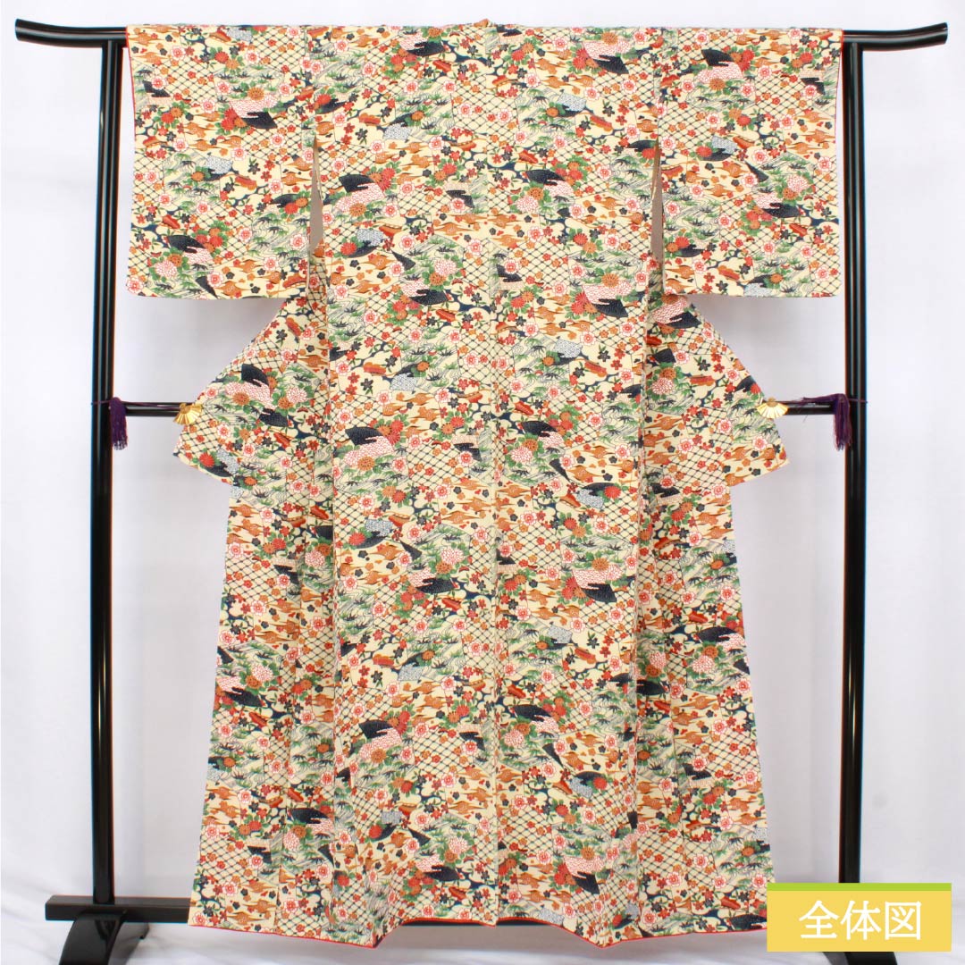 Komon (small pattern) kimono, pure silk, A-rank, length 158cm, sleeve length 62cm, lined, Tokyo white-brown (Tokyo shirachairo), tsumugi fabric, classic pattern, cream-toned, with basting threads, product number 1115007313315