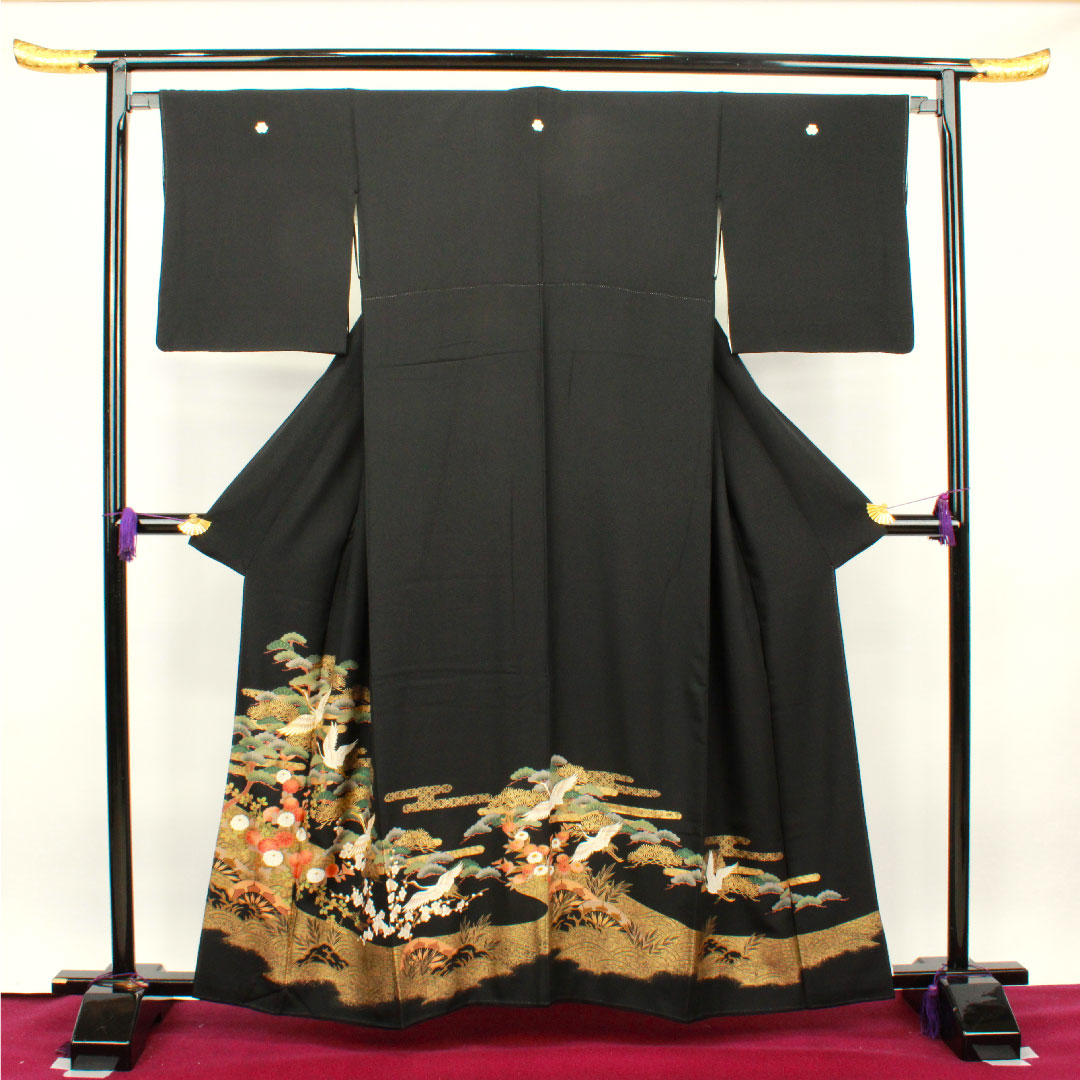 黒留袖 身丈159.5cm 裄丈65cm 袷 京友禅 鶴 片喰 正絹 Aランク 五つ紋 黒系 1111000713310