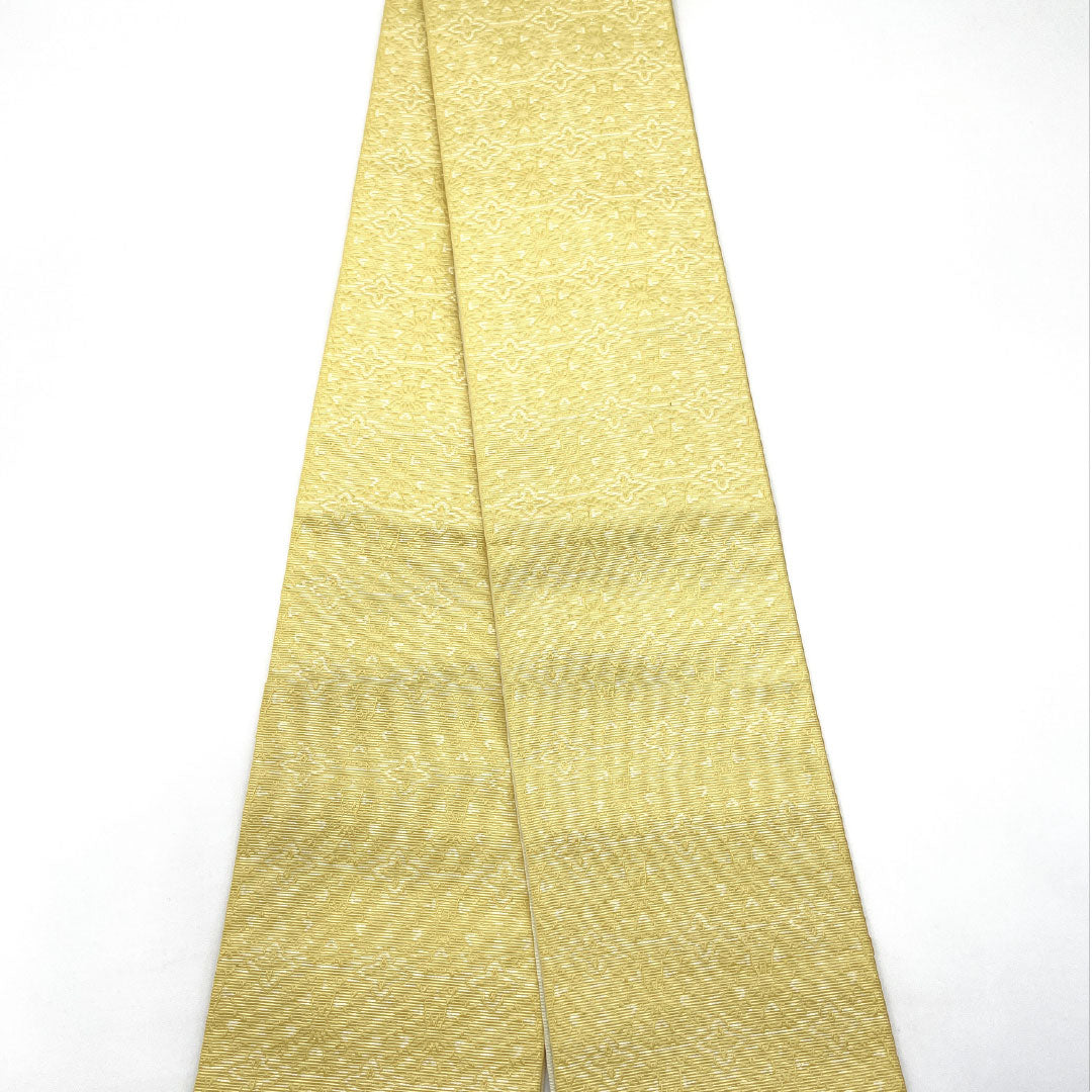 （新品）半幅帯 ポリエステル NEWランク 薄卵色（うすたまごいろ） 卯の花色（うのはないろ） 抽象花模様 変わり市松 リバーシブル 帯丈400cm 黄系 1125002631423