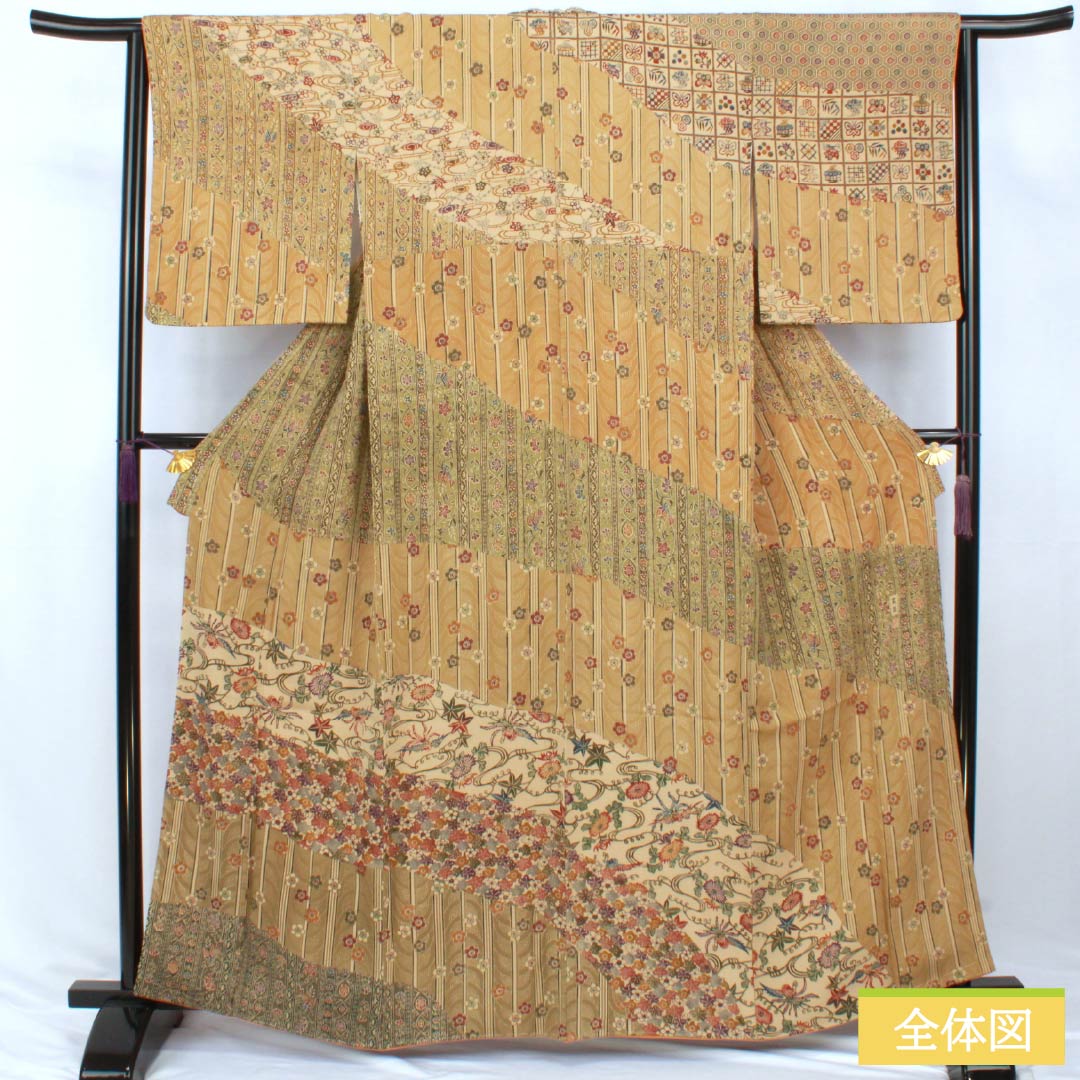 Homongi Silk Rank S Awase Kimono, Height 161.5cm, Sleeve-to-sleeve 64.5cm, Taupe, Wheat Color, Kyo Yuzen Katazome, Genso, Classic Pattern, Beige, 1112007622425