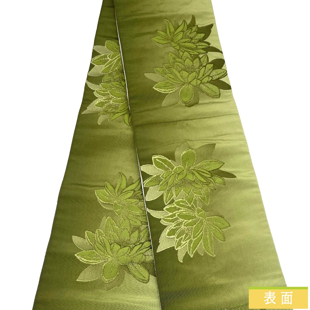 半幅帯 ポリエステル Aランク 柳茶色（やなぎちゃいろ） ガルグレー リバーシブル 蓮の花 矢羽根 桔梗 帯丈356cm マルチカラー 1125004603328