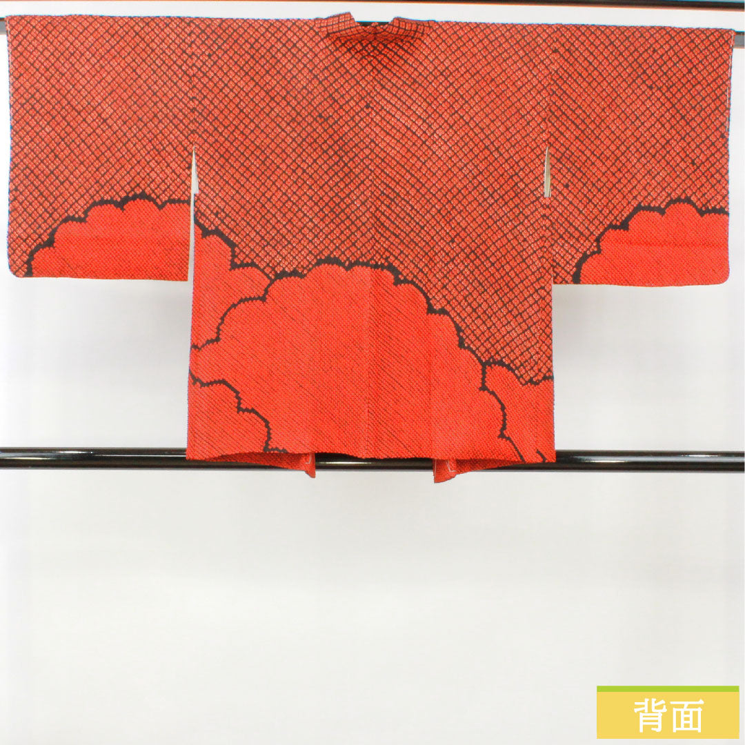 羽織 正絹 身丈75cm 裄丈65cm 緋色（ひいろ） 総絞り 抽象模様 しつけ糸付き Sランク 袷 朱系 1117001052916