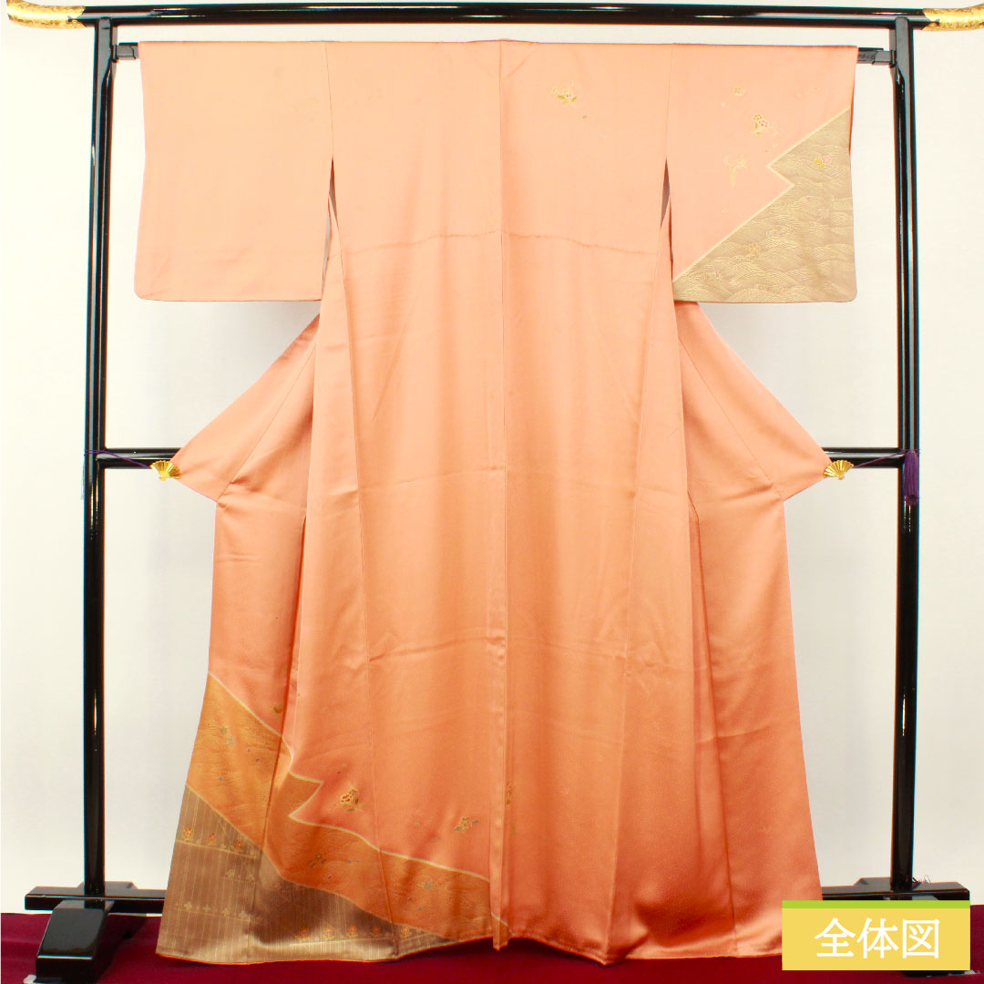 Homongi, pure silk, lined, length 165.5cm, sleeve length 66.5cm, vermilion, Kyoto Yuzen, auspicious motif, A rank, orange, 1112004623526
