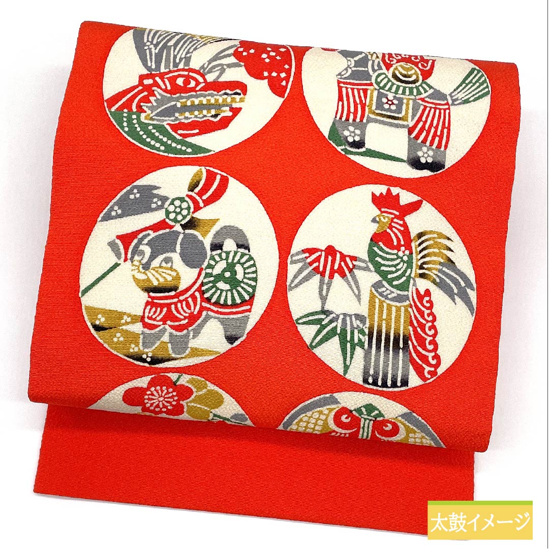 名古屋帯 赤色（あかいろ） 玩具 ちりめん地 帯丈340cm 正絹 Sランク 全通 カジュアル 赤系 1124006492312 名古屋仕立て