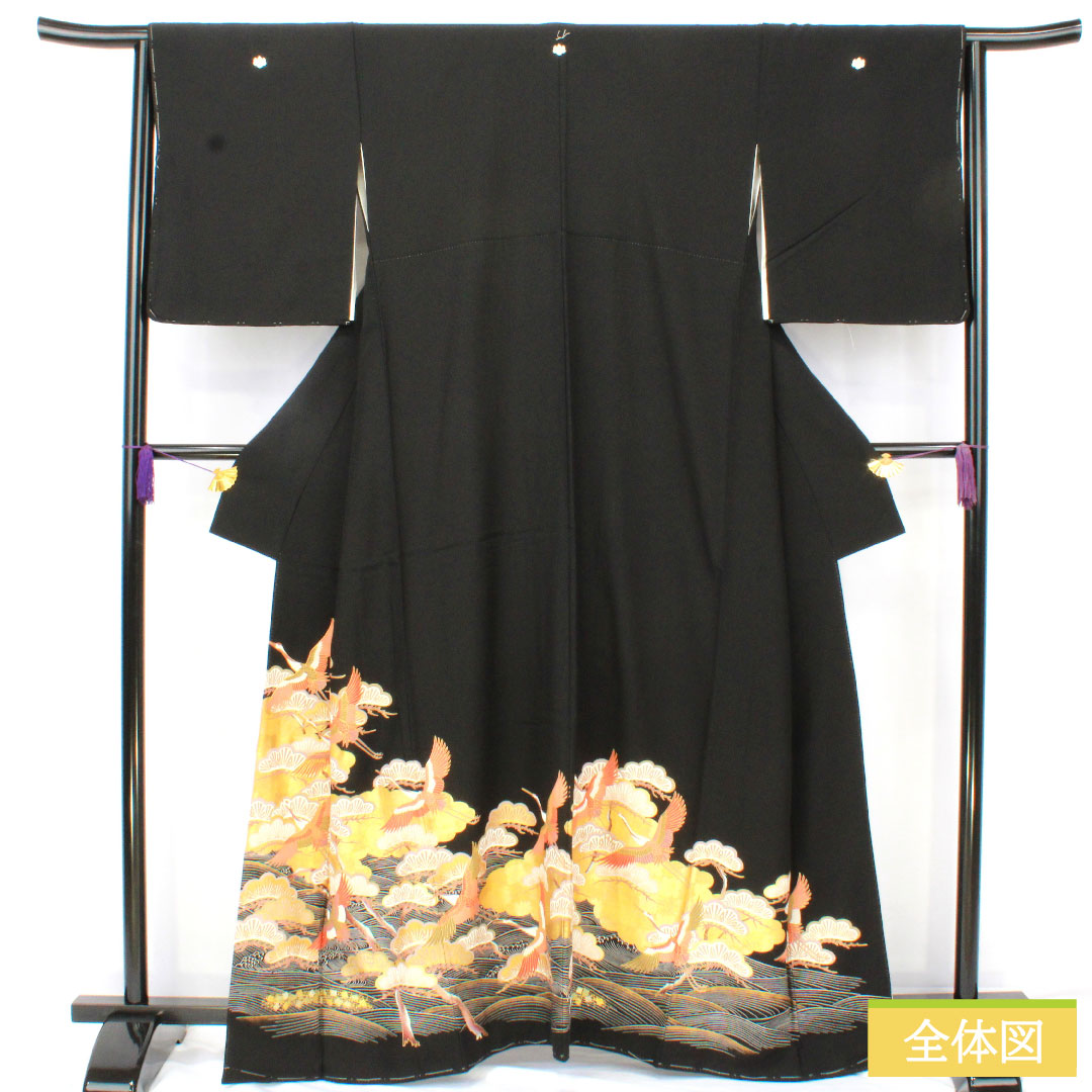Black formal kimono, pure silk, length 162.5cm, sleeve length 64cm, lined, Kyoto Yuzen, crane, pine, artist's work, five crests, five-three paulownia, A rank, black, 1111001623410