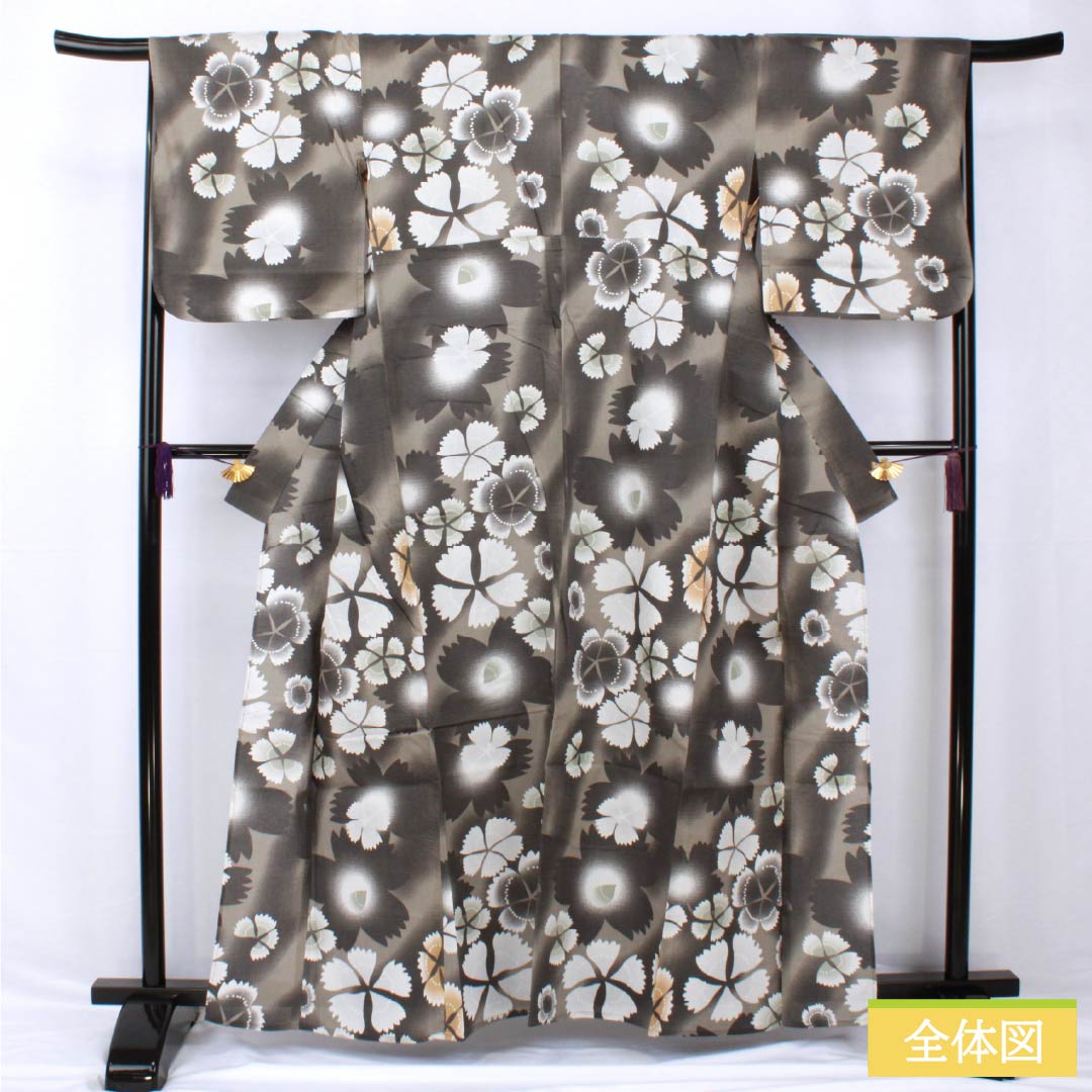 浴衣 木綿 身丈161cm 裄丈67.5cm Sランク 単衣 グレー系 消炭鼠色（けしずみねずみいろ） 秋桜 1118005312422