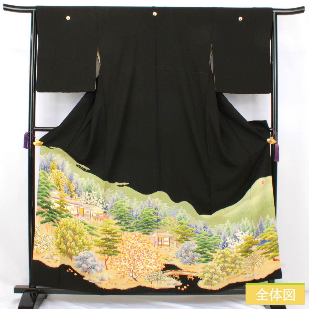 黒留袖 正絹 Aランク 身丈159cm 裄丈64.5cm 袷 京加賀友禅 五つ紋 抱き茗荷 作家物 風景模様 松 梅 五つ紋 黒系 1111001963310