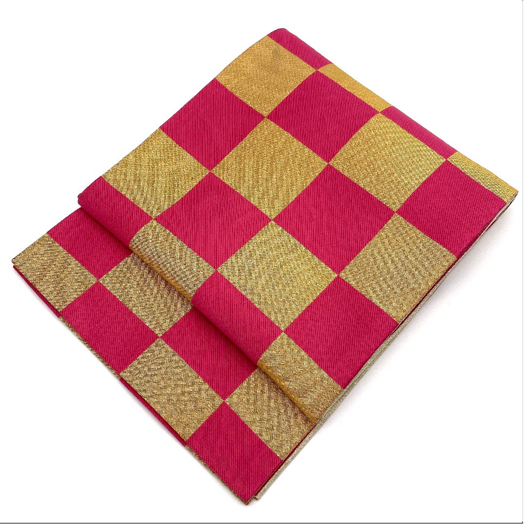 袋帯 金色 振袖用 市松 帯丈436cm 正絹 Sランク 六通 フォーマル 金系 1123006362321