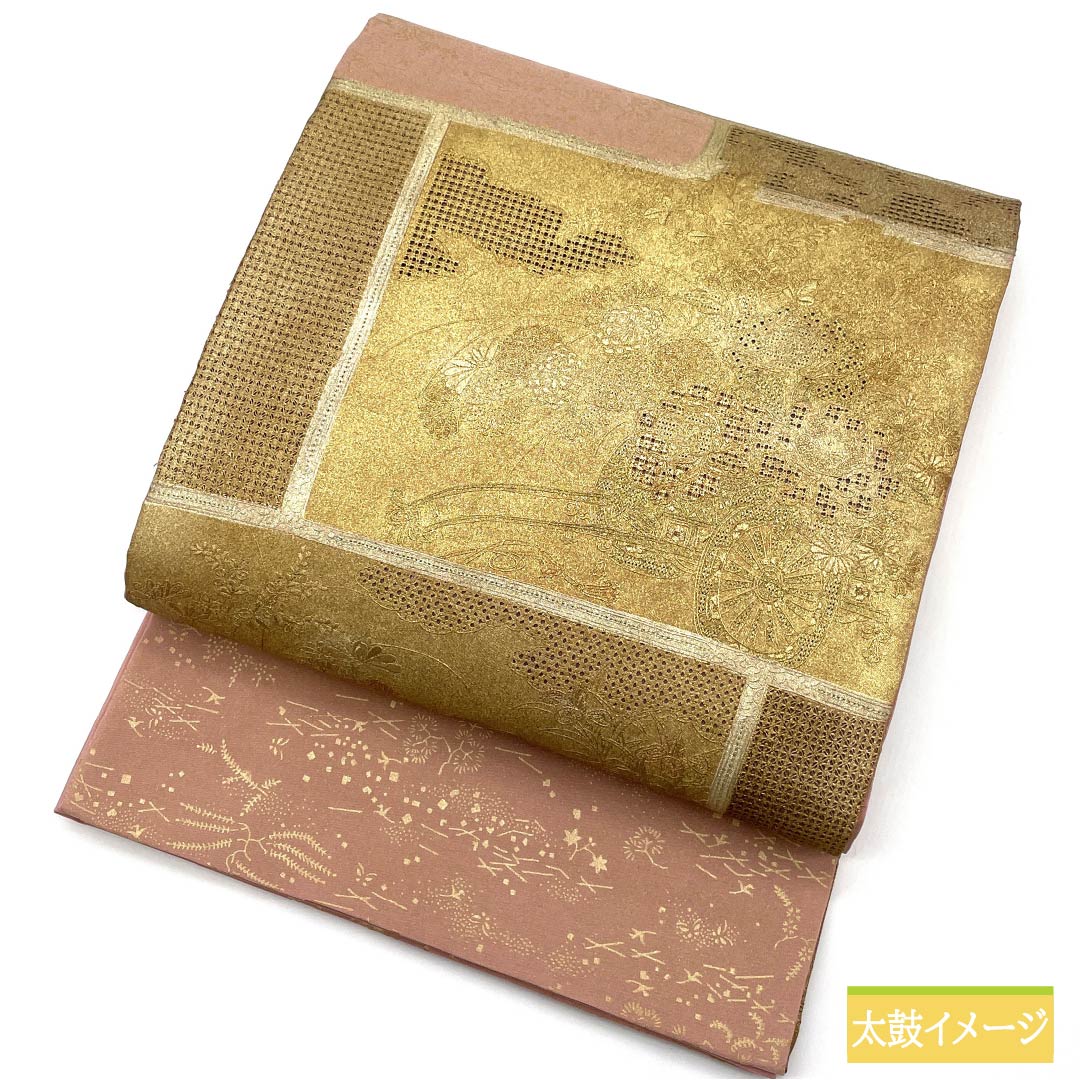 袋帯 正絹 鴇浅葱色（ときあさぎいろ） 留袖用 スワトウ刺繍 花車 帯丈468cm Sランク ポイント柄 フォーマル ピンク系 1123013952413