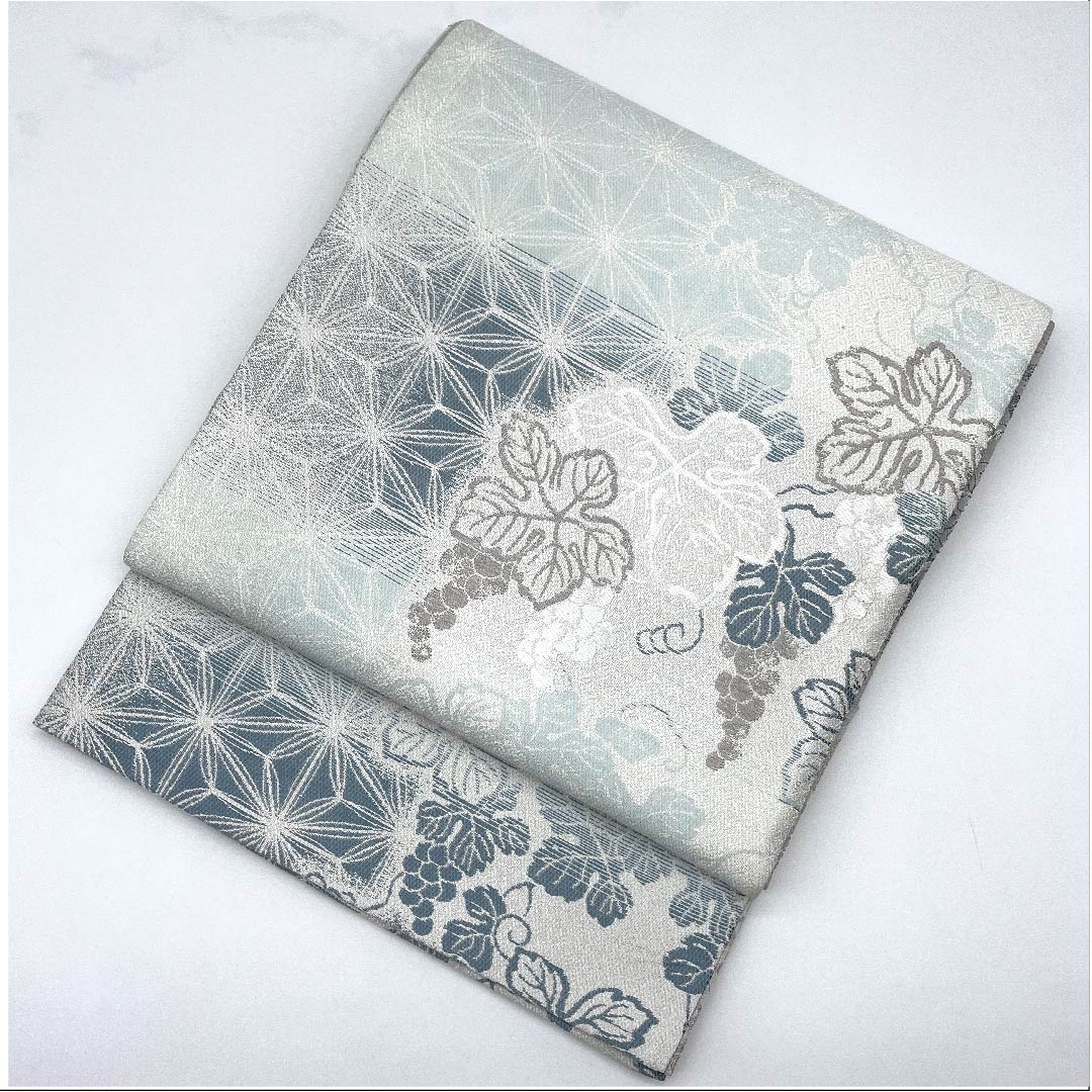 Fukuro Obi (Indigo Blue) with Asanoha and Grape Arabesque Patterns, Length 445cm, Pure Silk, Rank S, Pointed Pattern, Semi-Formal, Light Blue, 1123007852324
