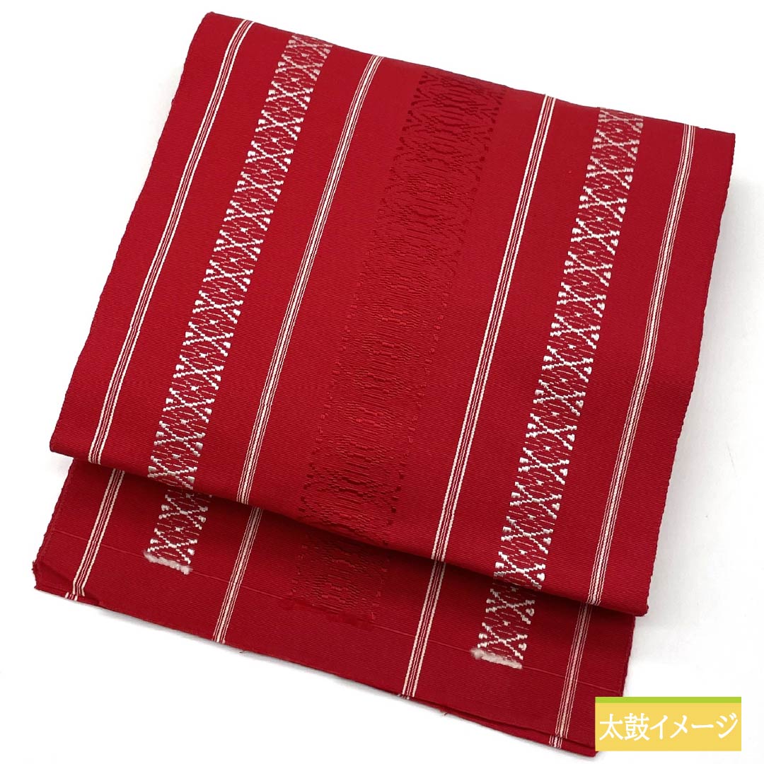 （未仕立）名古屋帯 土耳古赤色（とるこあかいろ） 博多織 献上柄 帯丈376cm 木綿 Sランク 全通 カジュアル 赤系 1124006892312 開き仕立て