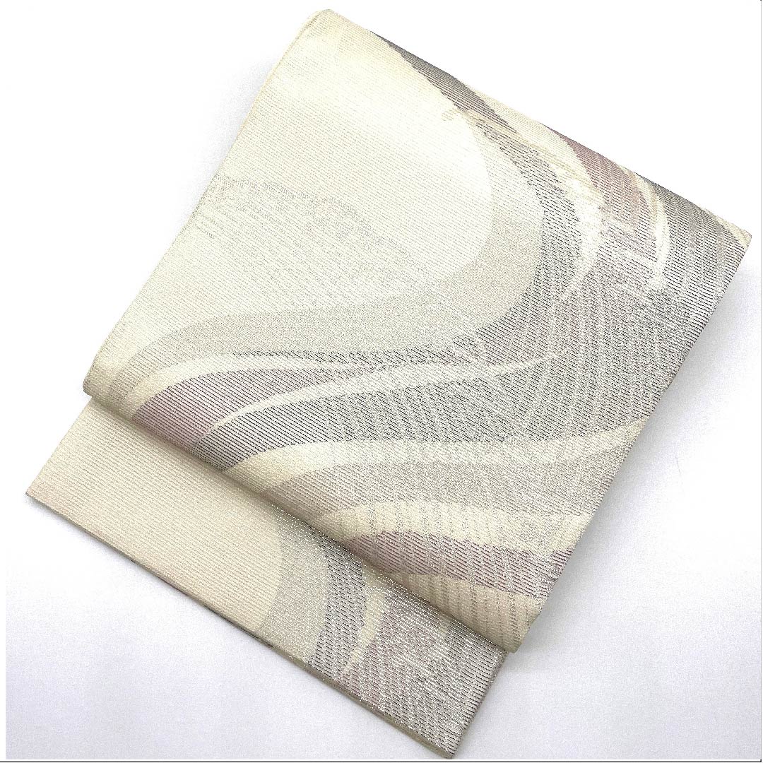 袋帯 乳白色色（にゅうはくしょくいろ） 夏帯 流水 波 帯丈436cm 正絹 Sランク 六通 セミフォーマル 白系 1123007472311