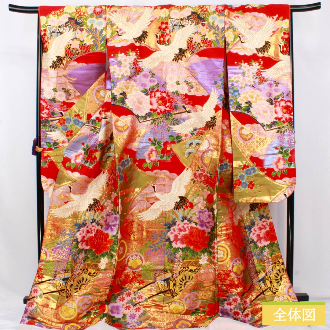 色打掛 正絹 Sランク 身丈191cm 裄丈64cm 赤色（あかいろ） 唐織 吉祥文様 鶴 花車 袷 赤系 1110001062912