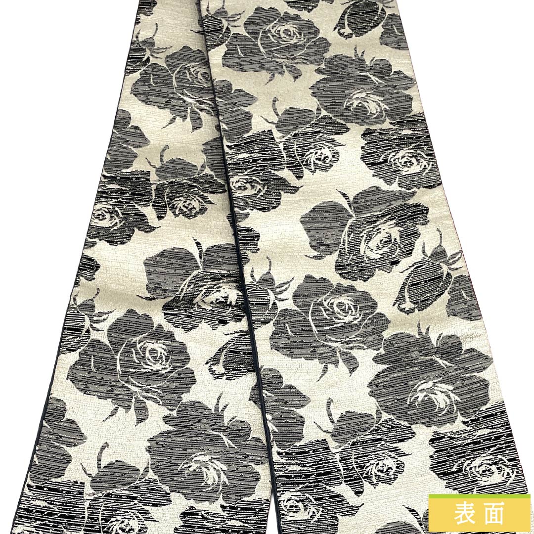 半幅帯 ポリエステル Aランク 黒色（くろいろ） 蘇芳色（すおういろ） 薔薇 縞 リバーシブル 帯丈394cm グレー系 1125005513322