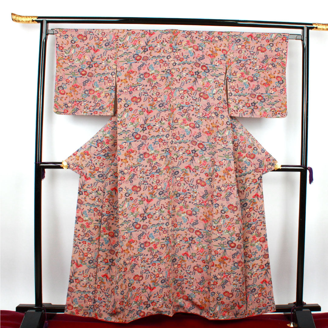 小紋 身丈159.5cm 裄丈64.5cm 袷  銀煤竹色 型染 草花模様  正絹 Sランク 朱系 1115002212316