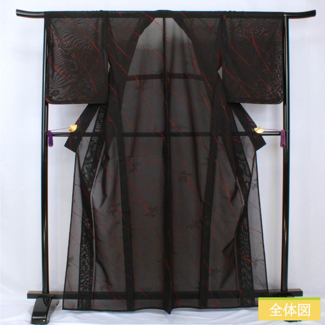 Summer pure silk komon length 165.5cm sleeve length 66.5cm branch fruit gauze S rank black 1132001992510