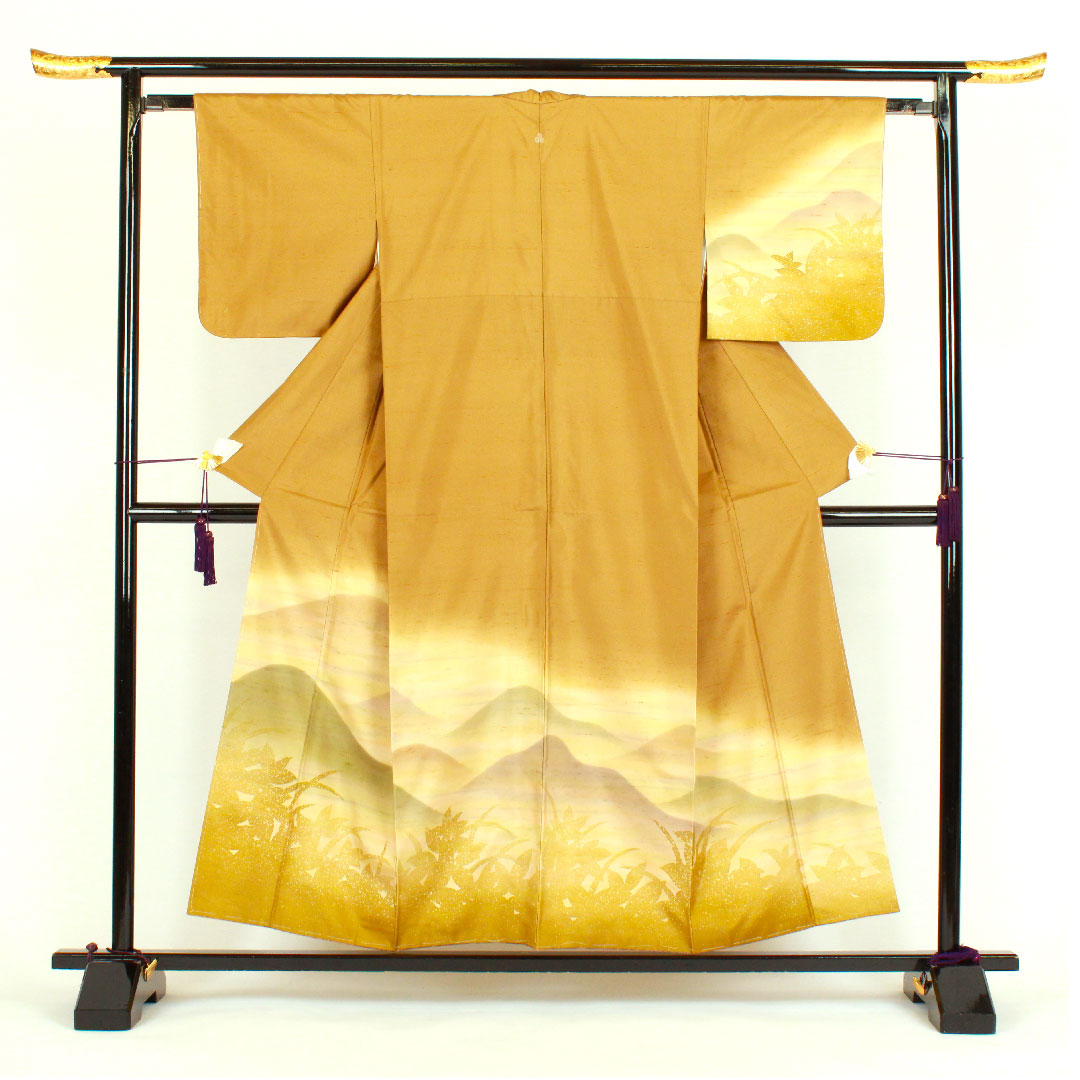 訪問着 袷 身丈157cm 裄丈63cm 牛首紬 遠山 草葉模様 正絹 Sランク 黄系 1112000522323