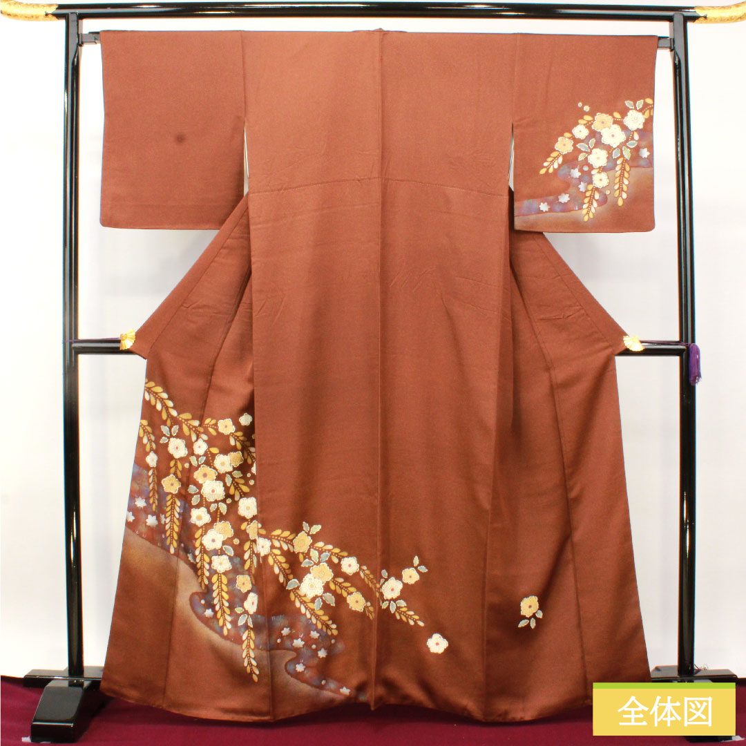 訪問着 正絹 袷 身丈163.5cm 裄丈68cm 栗色（くりいろ） 辻ヶ花 一つ紋 中陰剣片喰 Aランク 茶系 1112004913414