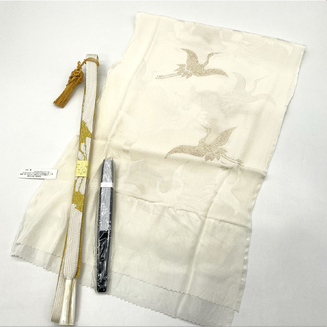 （新古品） 帯締め・帯揚げセット 正絹 NEWランク 白色（しろいろ） 乳白色（にゅうはくしょく） 古典柄 鶴 長さ約160cm 幅約1.7cm フォーマル 白系 1141000461311