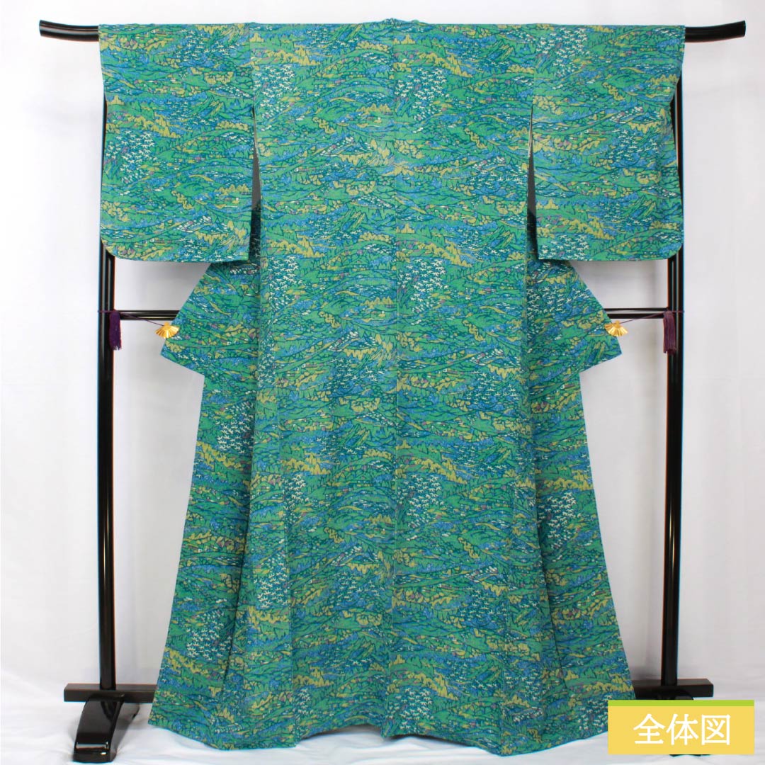 Komon, pure silk, length 164.5cm, sleeve length 68cm, lined, dewdrop color, stencil dyeing, landscape painting style, Shiawase Guard, S rank, blue, 1115005422417