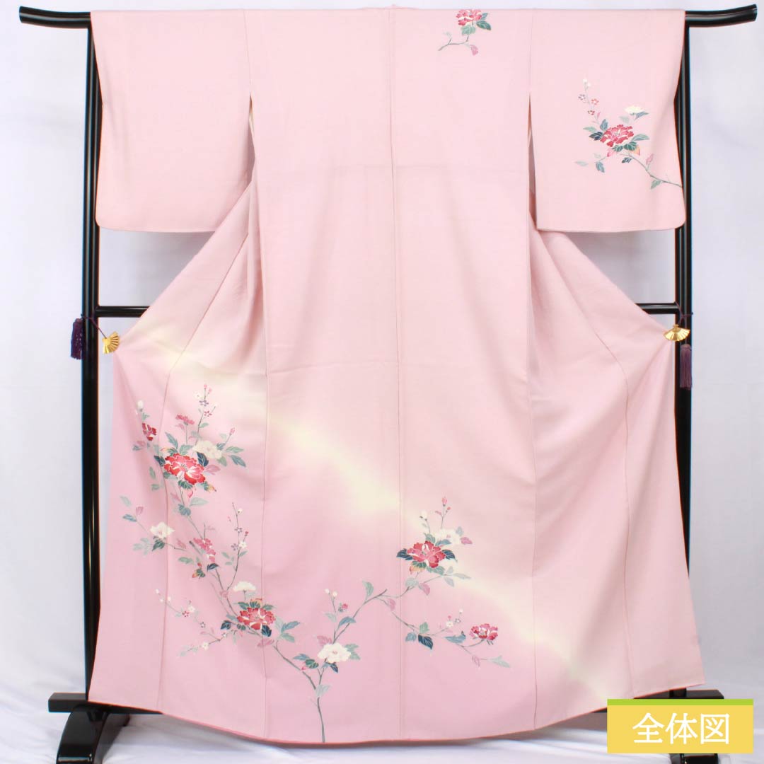 Homongi Silk A Rank Awase Kimono, Length 164.5cm (64.8"), Sleeve to Shoulder 66cm (26.0"), Arasomeiro Pink, Attached Collar, Kyo-Yuzen, Floral Pattern, Pink Tones, 1112007633413