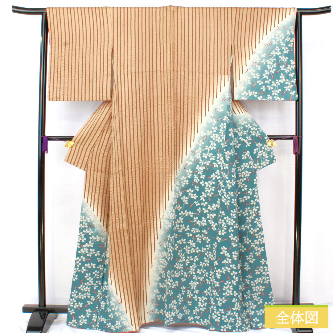 Homongi, pure silk, lined, length 165cm, sleeve length 63cm, earth color, stripes, bush clover, A rank, brown, 1112005743514