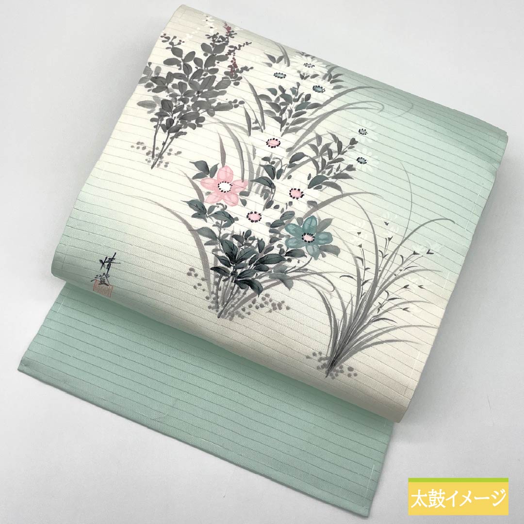 名古屋帯 正絹 薄浅葱色（うすあさぎいろ） 夏帯 作家物 染め帯 帯丈379cm Sランク ポイント柄 セミフォーマル 緑系 1124008552319 名古屋仕立て