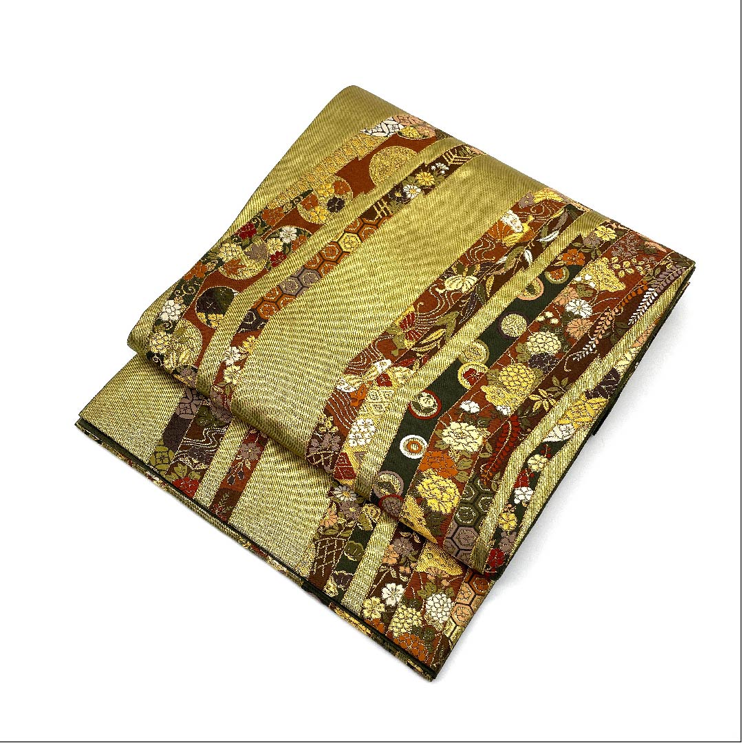袋帯 金色 本金箔 献上松皮流し文 吉祥文様 帯丈433cm 正絹 Aランク 六通 フォーマル 金系 1123005613321