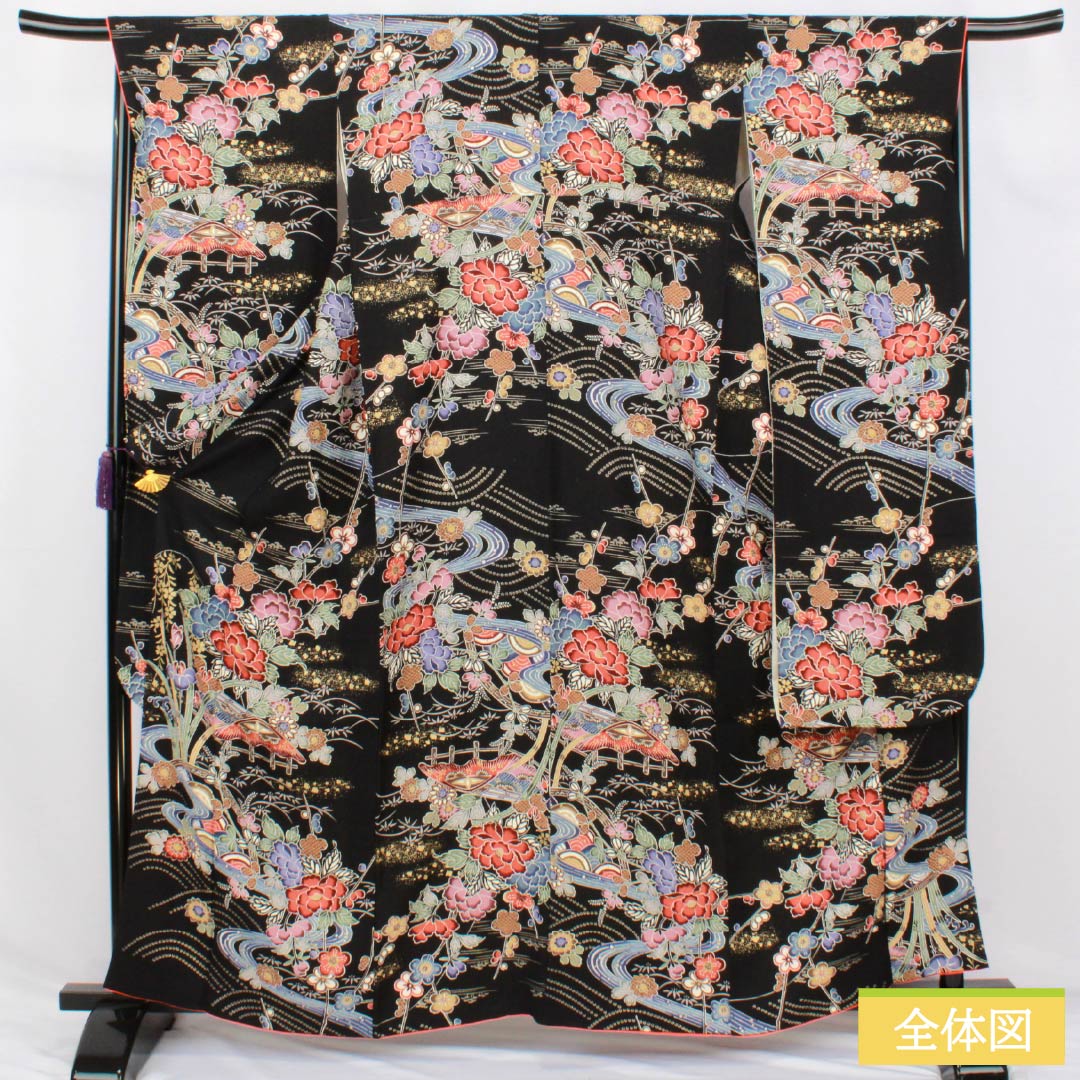 振袖 正絹 Sランク 身丈162cm 裄丈66.5cm 袷 京友禅 重ね衿付き 吉祥文様 牡丹 梅 流水 黒系 1113002792410