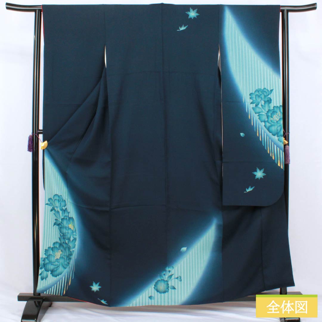 振袖 正絹 Aランク 身丈161cm 裄丈62.5cm 袷 印度藍色（いんどあいいろ） 京友禅 牡丹 紅葉 紺系 1113002833418