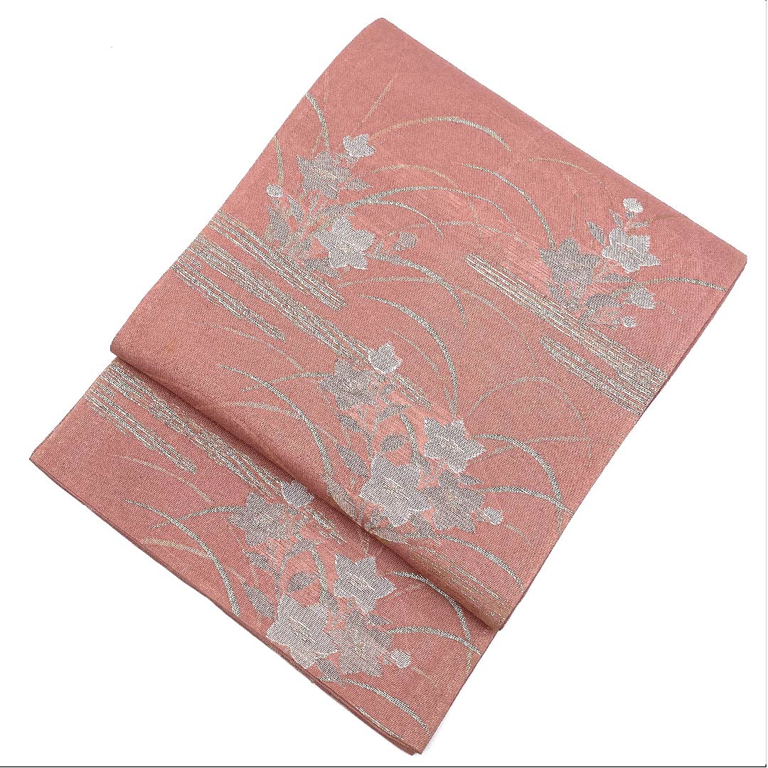 袋帯 浅蘇芳色（あさきすおういろ） 夏帯 桔梗 露芝 夏物 帯丈432cm 正絹 Aランク 六通 フォーマル ピンク系 1123007663313