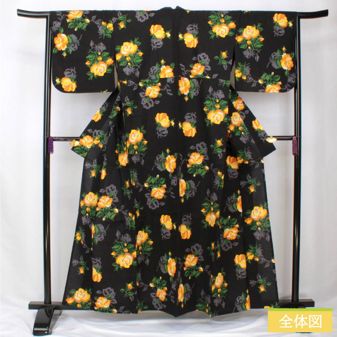 浴衣 木綿 身丈159.5cm 裄丈66cm Aランク 単衣 黒系 薔薇 1118005793310